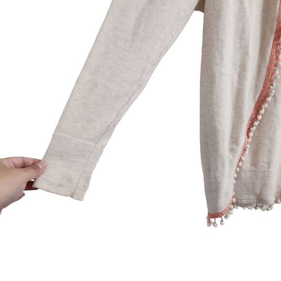 Two Bees Cashmere Cardigan Medium Cream‎ Fur Ball Tassel Edge Open Front Sweater - Picture 4 of 8